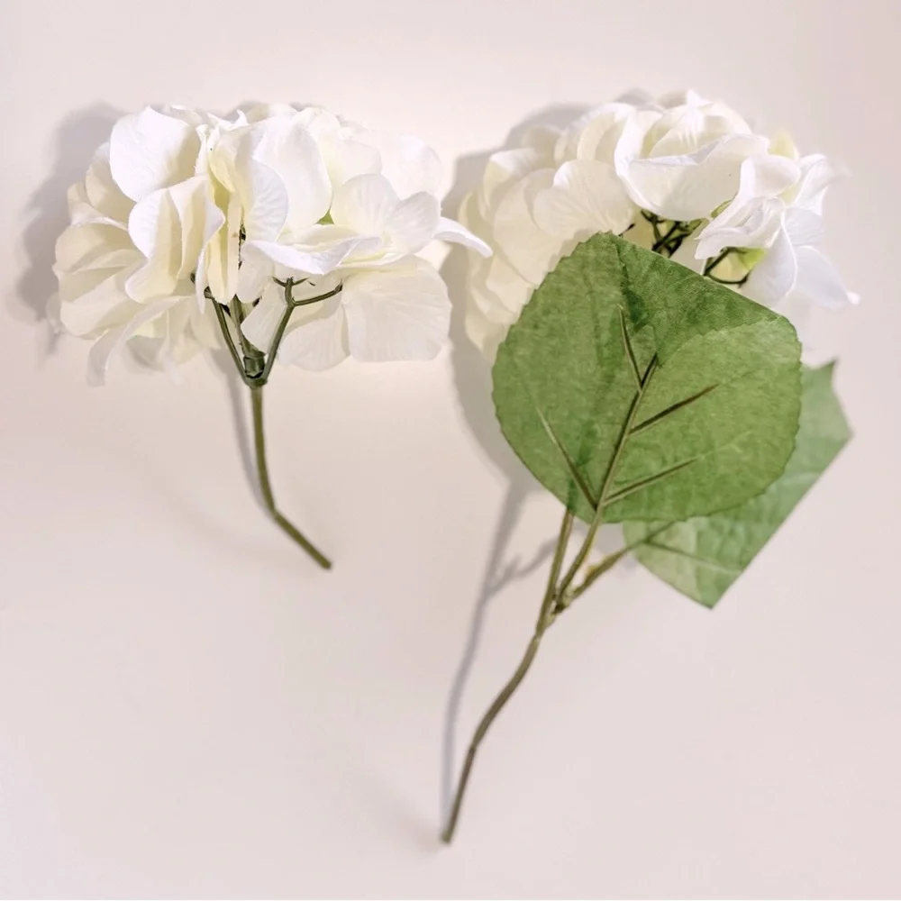 2 SHABBY CHIC White Hydrangeas w Stems Floral Arrangement Faux Flower LIFELIKE